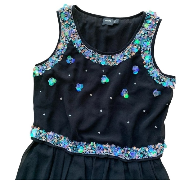 ASOS Iridescent Sequined Beaded Cocktail Mini Dress Black Size US 4 UK 8 - Picture 3 of 6